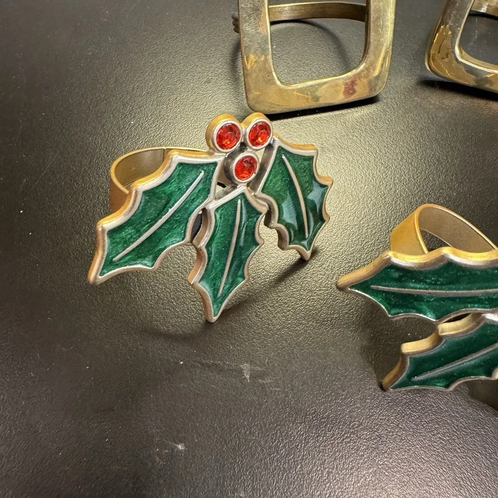 Christmas Napkin Rings Set Of 5 Metal Painted Holly Berry &‎ Square  Brass Color